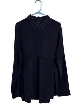 Ann Taylor 100% Silk Hidden Button Blouse XXL Tall Navy Blue